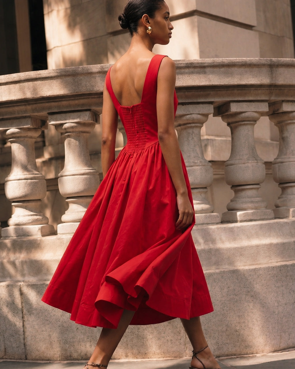 Side Pocket Full Skirt Vintage Midi Dress