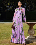 Lyocell Floral Print Bow Collar Pleated Maxi Dress