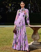 Lyocell Floral Print Bow Collar Pleated Maxi Dress