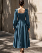 Lyocell Linen Square Neck Full Skirt Vintage Midi Dress