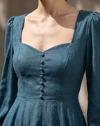 Lyocell Linen Square Neck Full Skirt Vintage Midi Dress