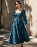 Lyocell Linen Square Neck Full Skirt Vintage Midi Dress