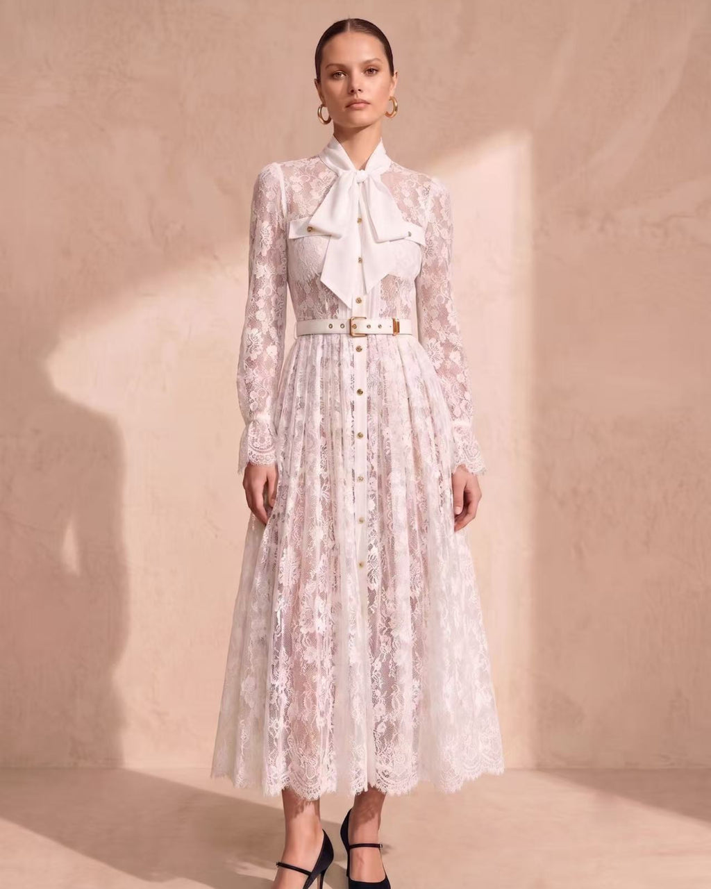 Lace Panel Vintage Shirt Dress (Belt Not Included)
