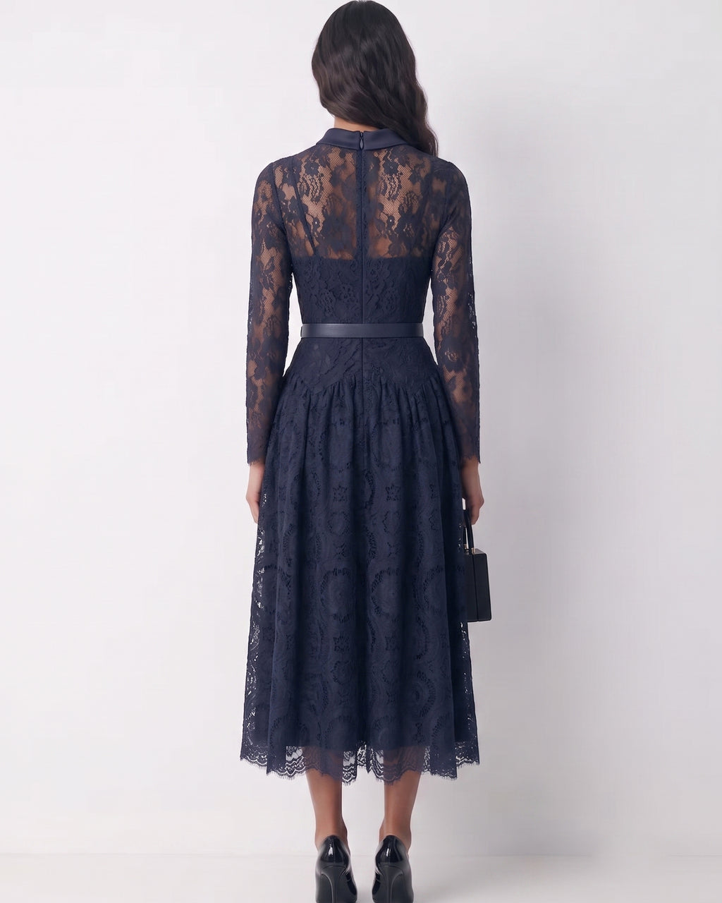 Lace Detail Long Sleeve Romantic Midi Dress