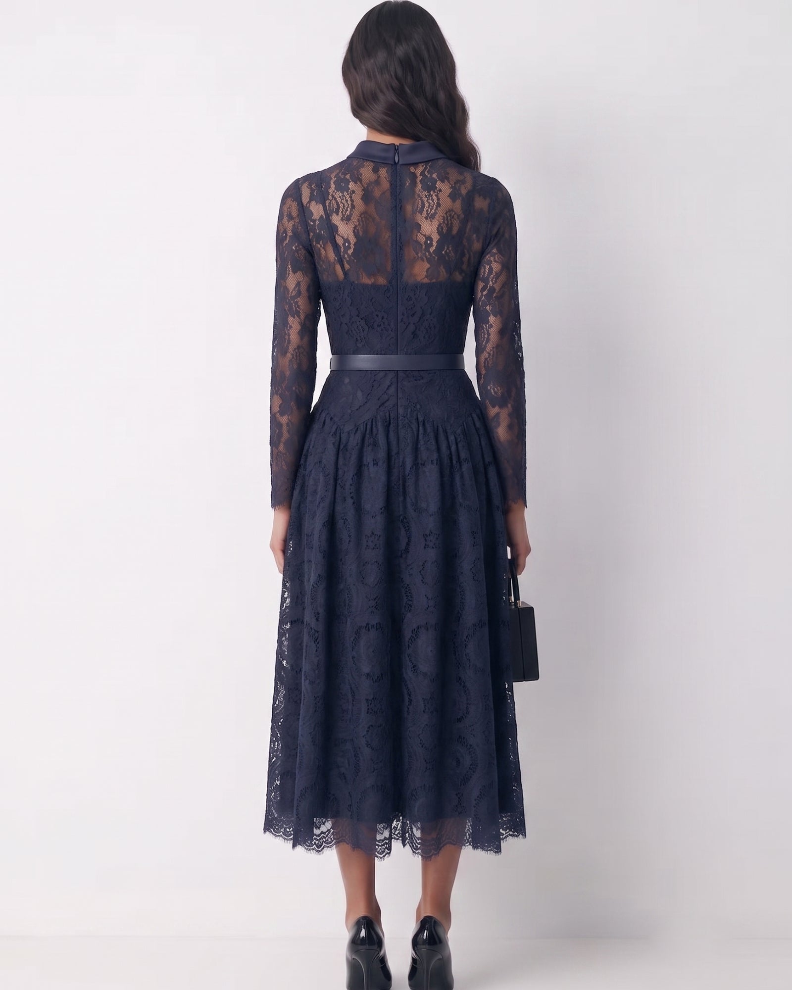 Lace Detail Long Sleeve Romantic Midi Dress