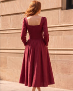 Puff Sleeve Square Neck Vintage Midi Dress