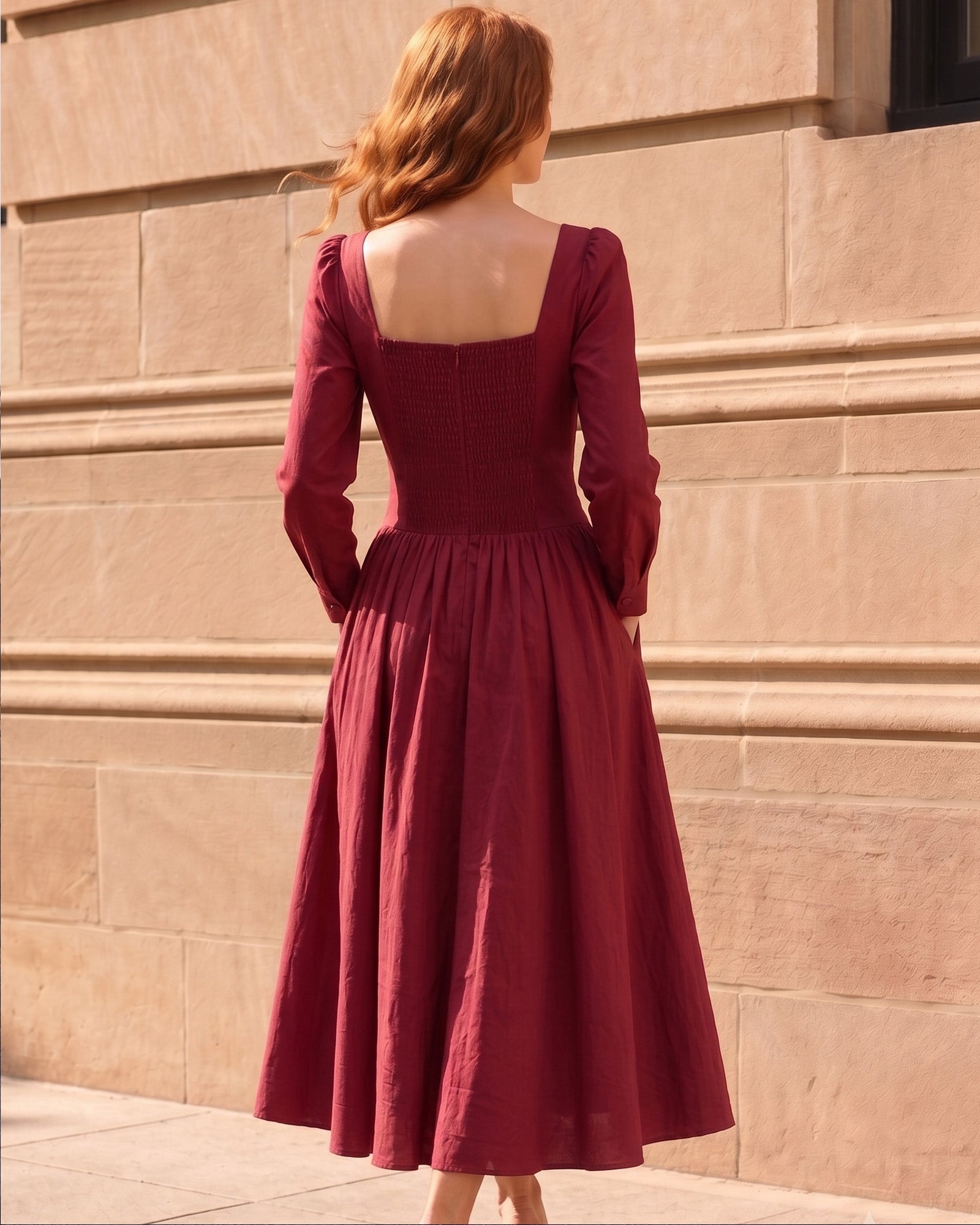 Puff Sleeve Square Neck Vintage Midi Dress