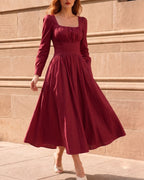 Puff Sleeve Square Neck Vintage Midi Dress