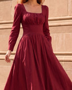 Puff Sleeve Square Neck Vintage Midi Dress