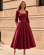 Puff Sleeve Square Neck Vintage Midi Dress