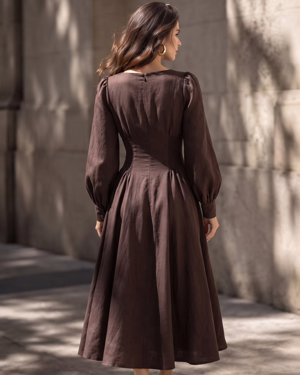 Cotton Linen Puff Sleeve Vintage Midi Dress