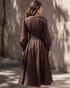 Cotton Linen Puff Sleeve Vintage Midi Dress