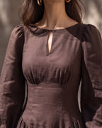Cotton Linen Puff Sleeve Vintage Midi Dress