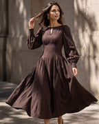 Cotton Linen Puff Sleeve Vintage Midi Dress