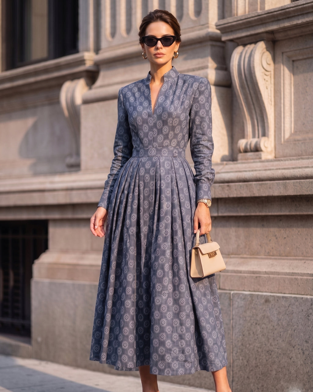 Lyocell Linen Geometric Print V-Neck Vintage Midi Dress