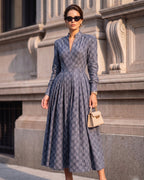 Lyocell Linen Geometric Print V-Neck Vintage Midi Dress