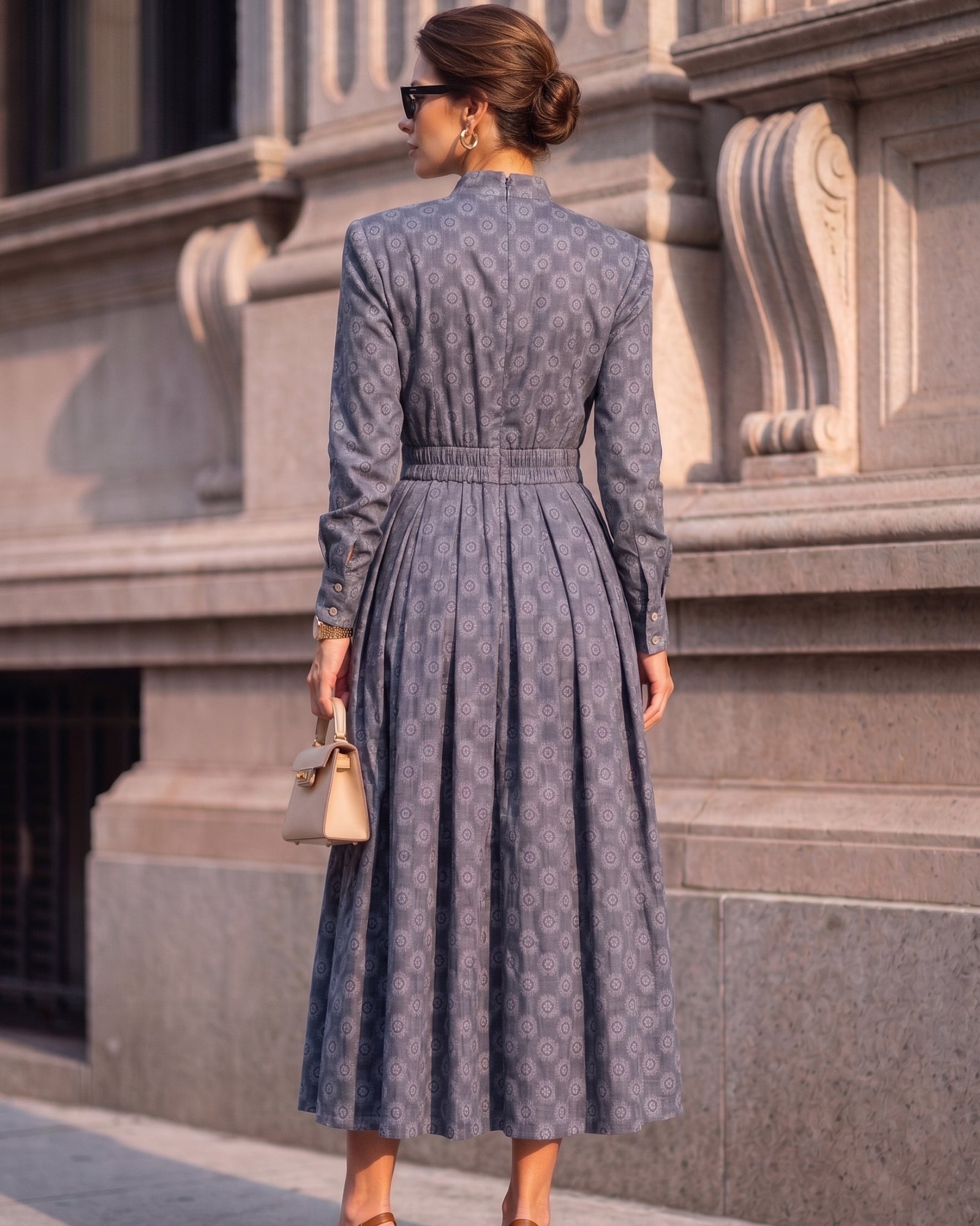 Lyocell Linen Geometric Print V-Neck Vintage Midi Dress