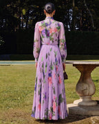 Lyocell Floral Print Bow Collar Pleated Maxi Dress