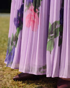Lyocell Floral Print Bow Collar Pleated Maxi Dress