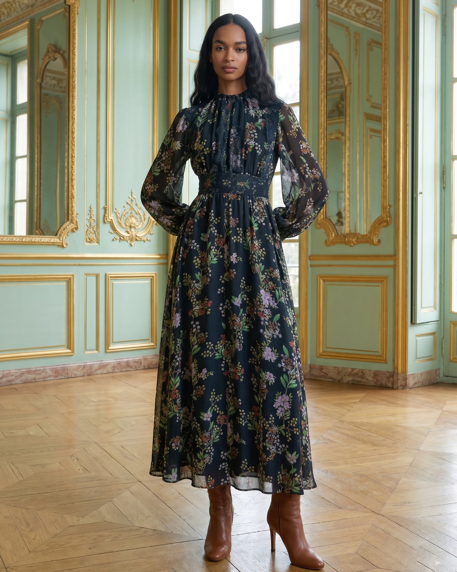 Lyocell Ditsy Floral Print Lace Panel French Dress