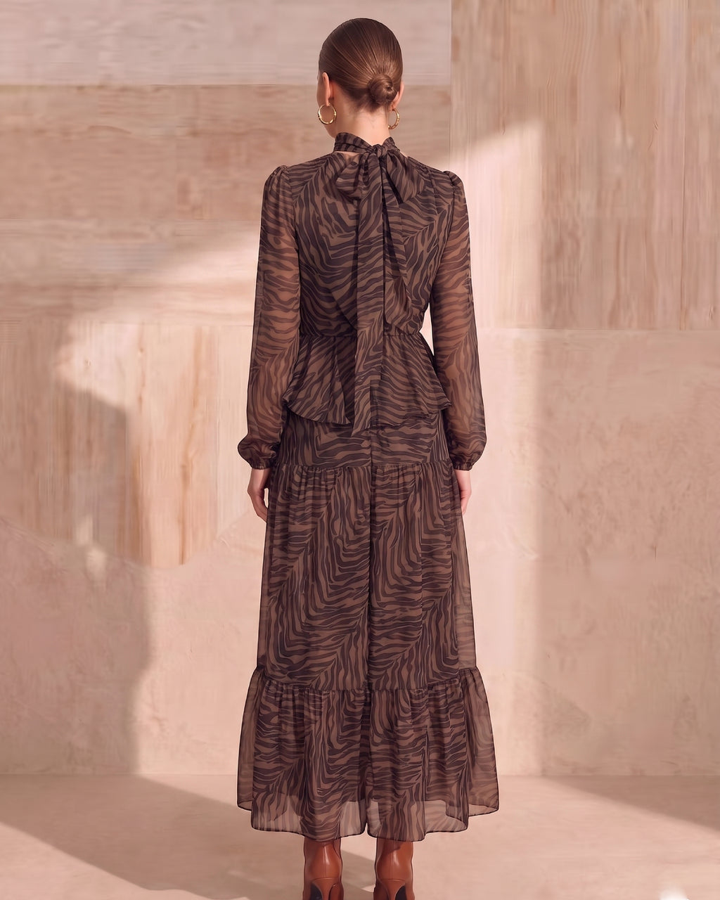 Lyocell Zebra Print Puff Sleeve Midi Dress