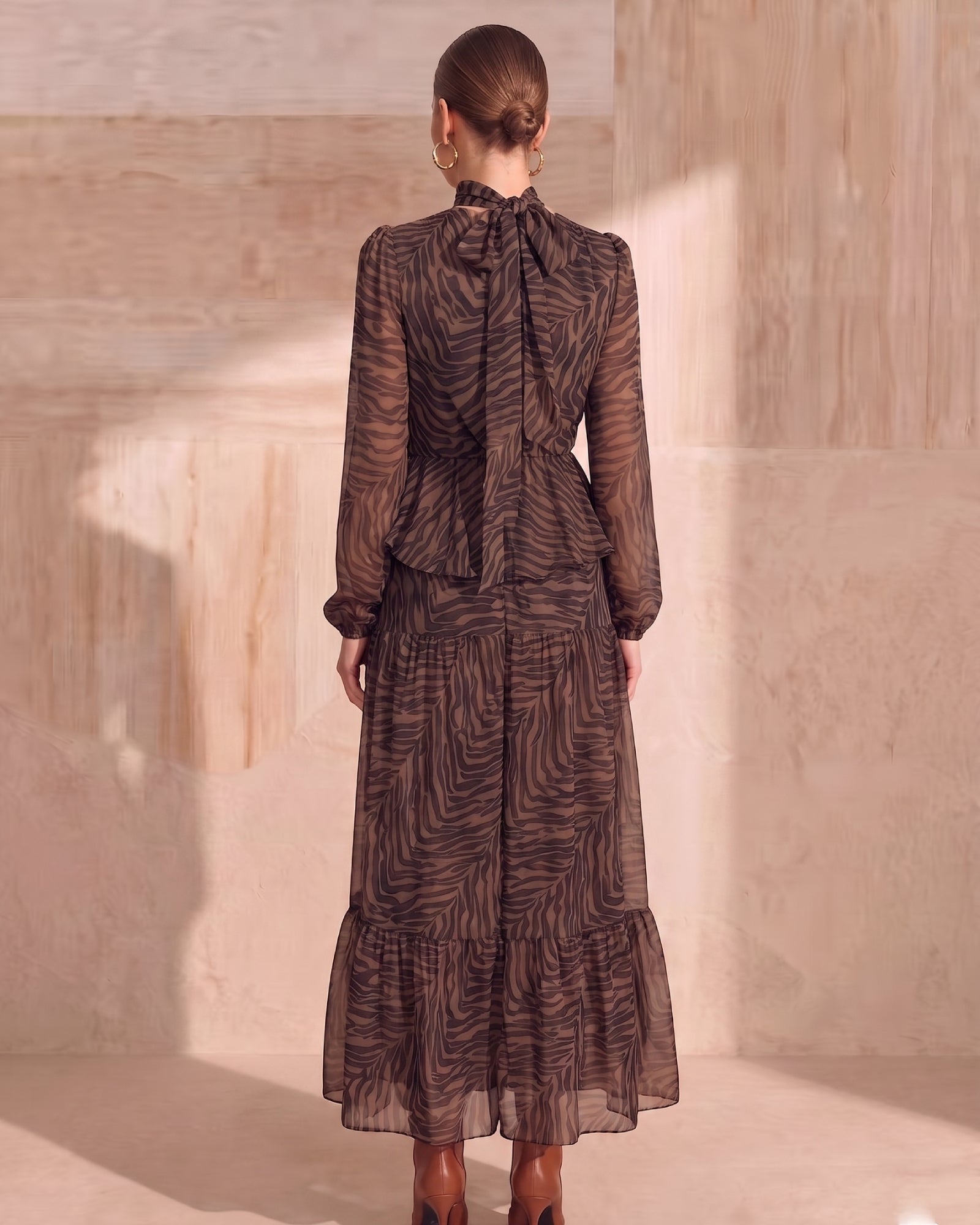 Lyocell Zebra Print Puff Sleeve Midi Dress