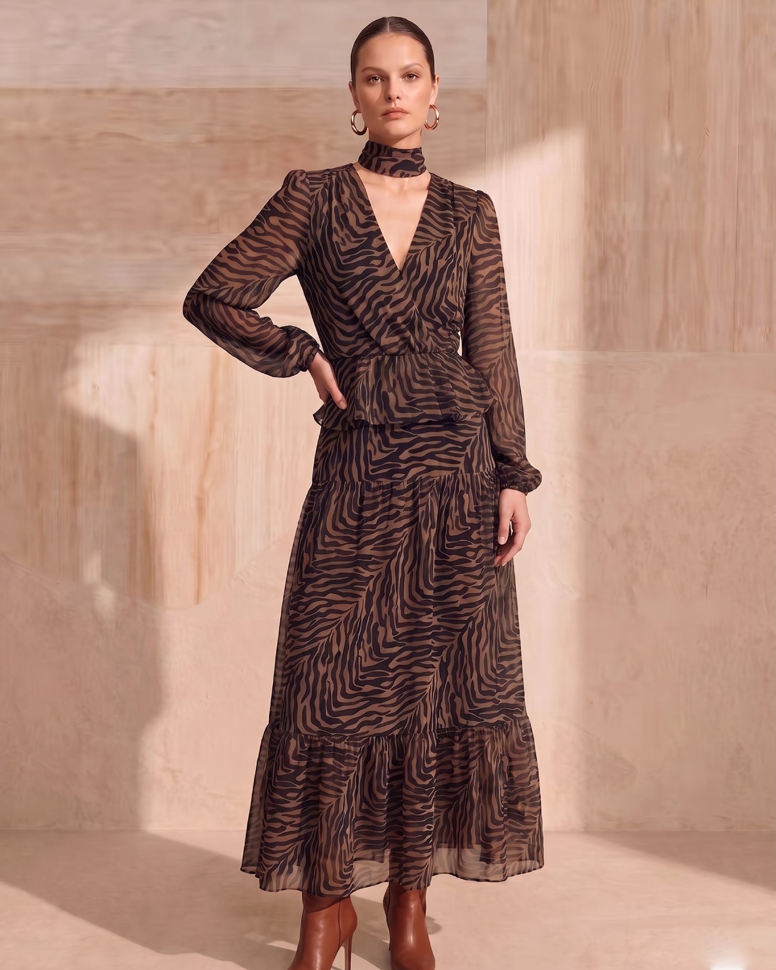 Lyocell Zebra Print Puff Sleeve Midi Dress