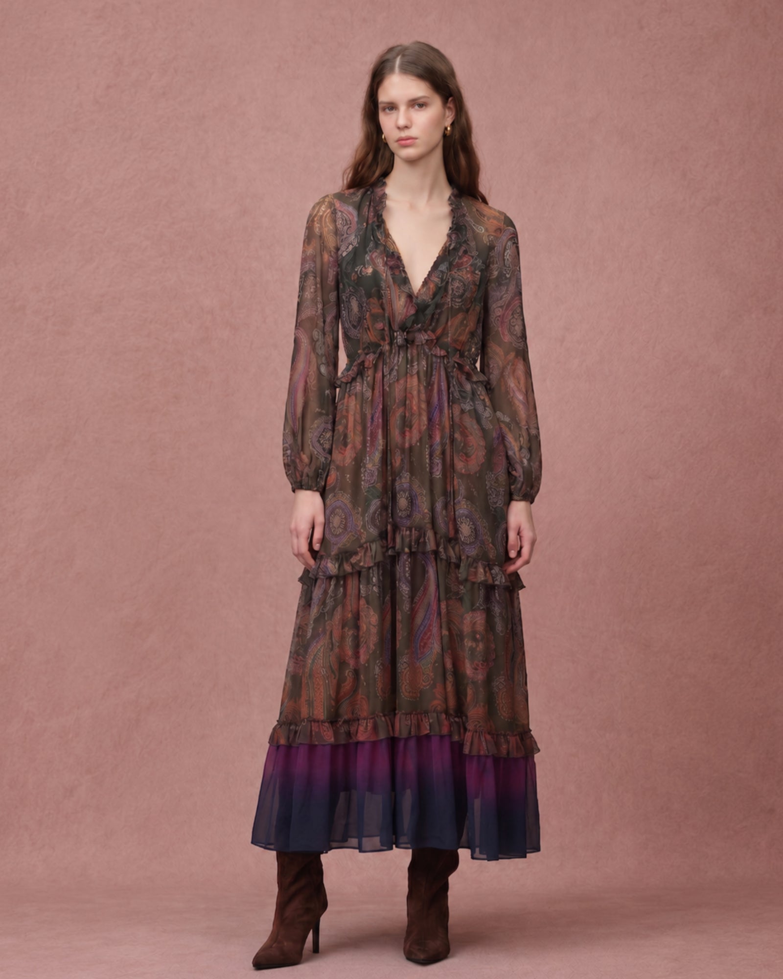 Lyocell Bohemian Print V-Neck Midi Dress