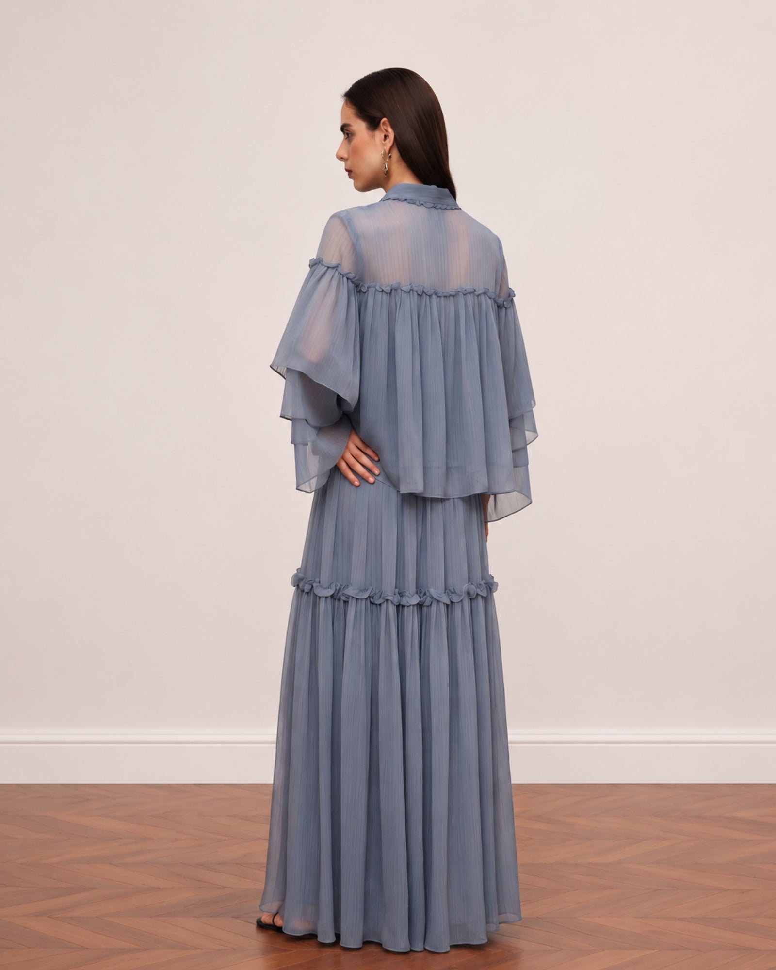 Lyocell Shirt Collar Bell Sleeve Dress Set