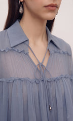 Lyocell Shirt Collar Bell Sleeve Dress Set