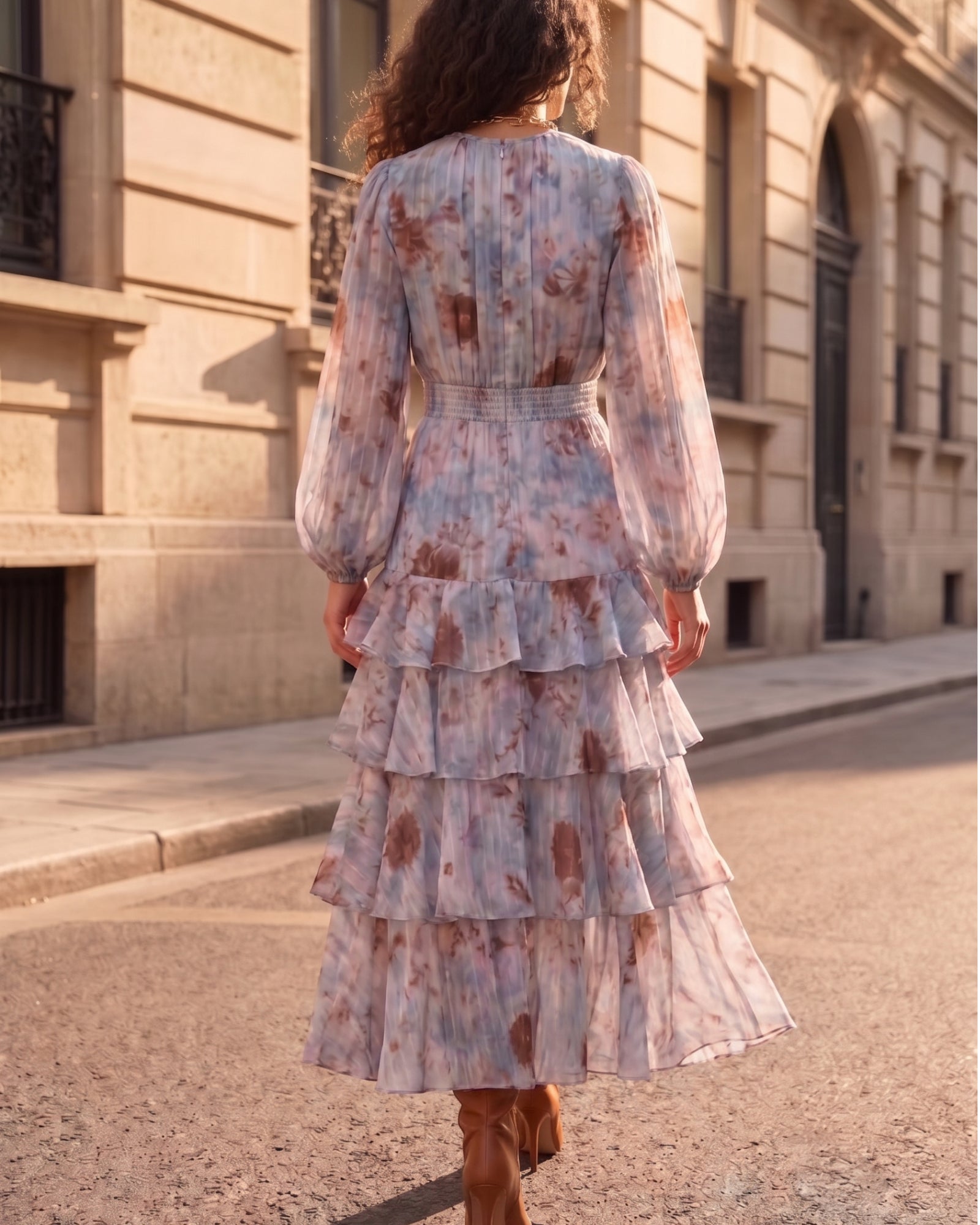 Lyocell Floral Print Puff Sleeve Vintage Maxi Dress