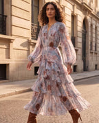 Lyocell Floral Print Puff Sleeve Vintage Maxi Dress