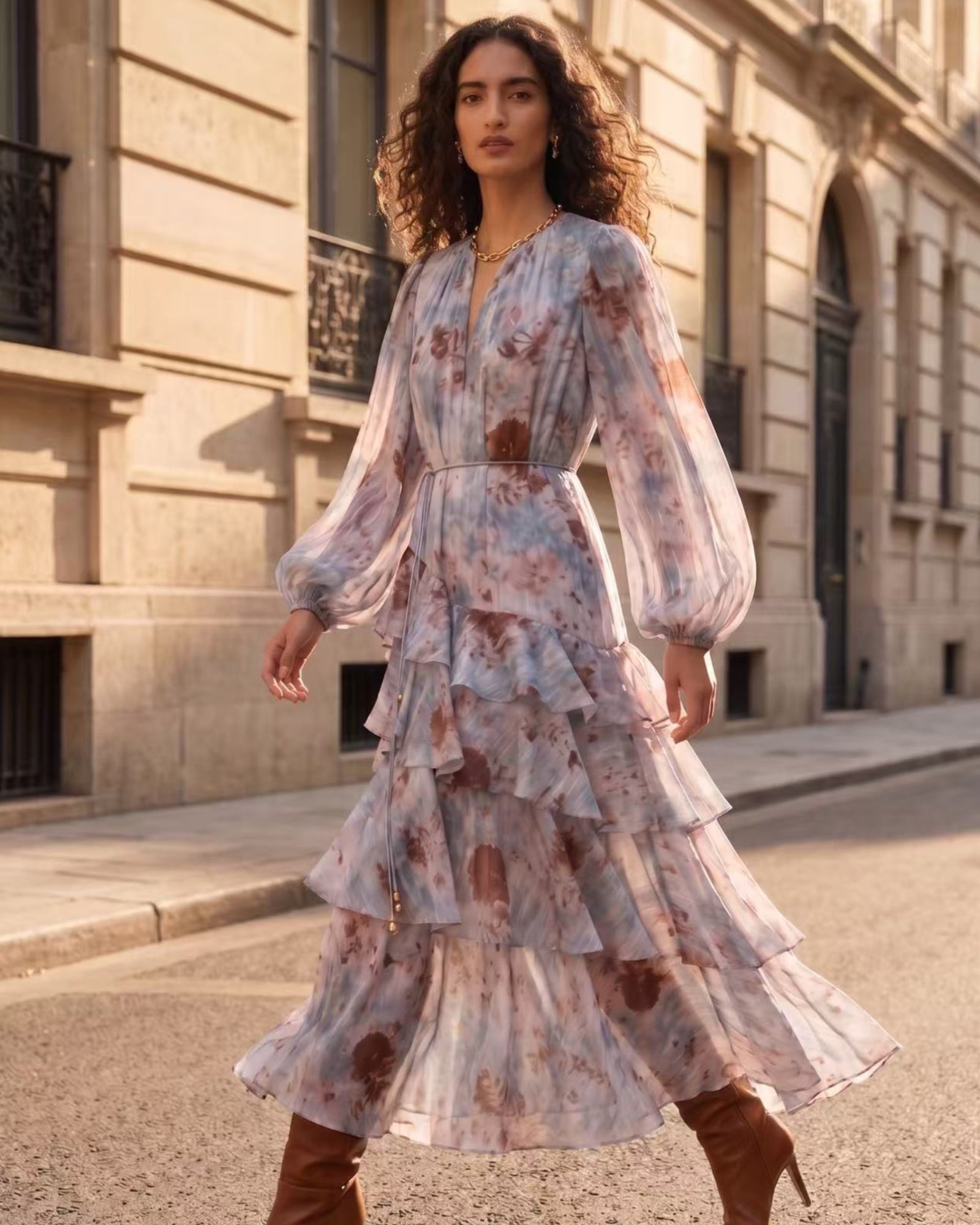Lyocell Floral Print Puff Sleeve Vintage Maxi Dress