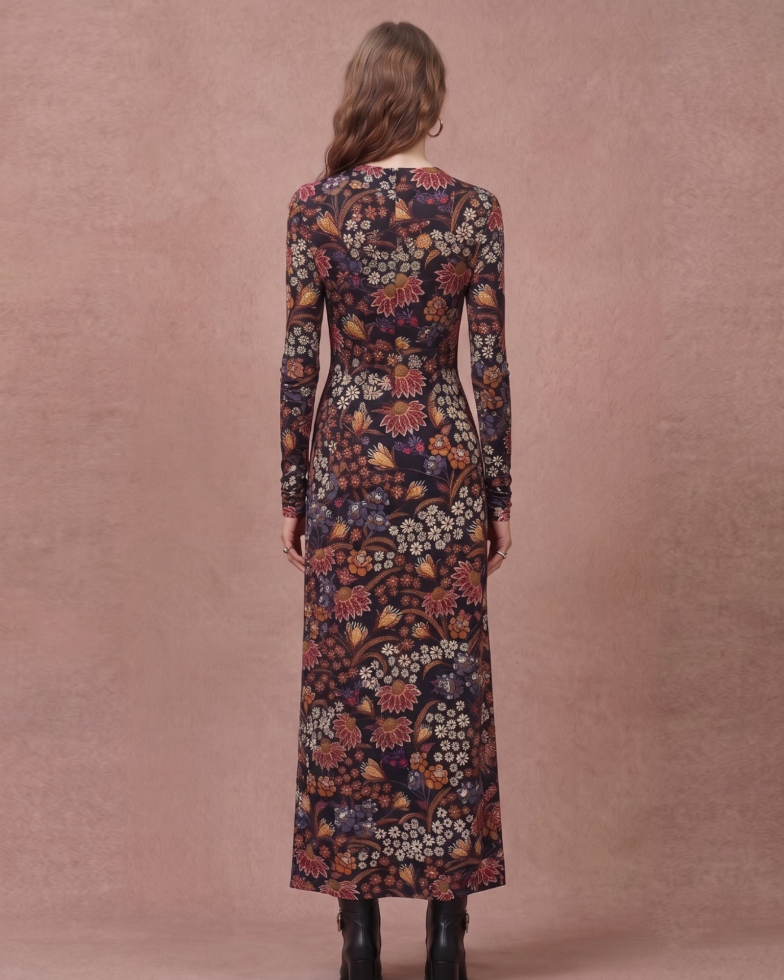 Wool Lyocell Floral Print V-Neck Maxi Dress