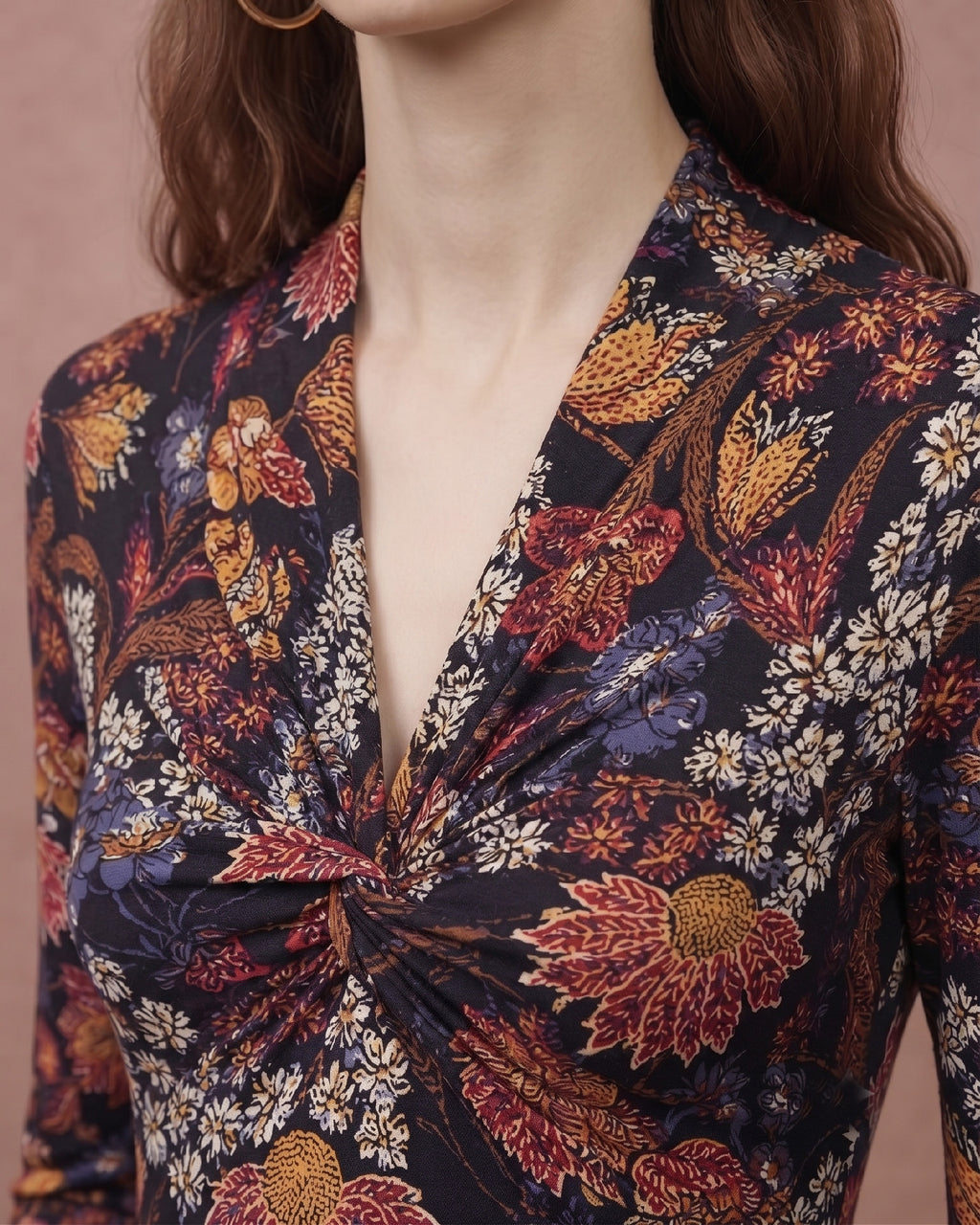 Wool Lyocell Floral Print V-Neck Maxi Dress