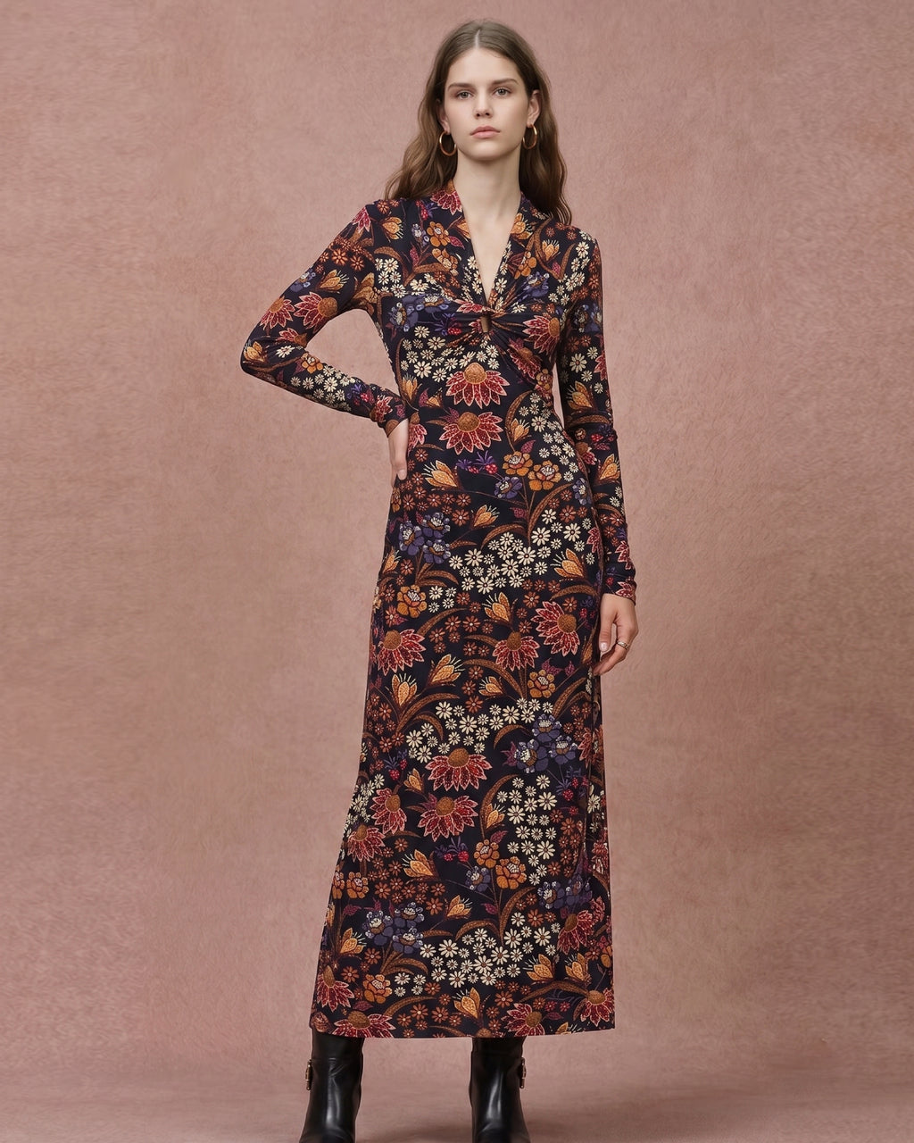 Wool Lyocell Floral Print V-Neck Maxi Dress