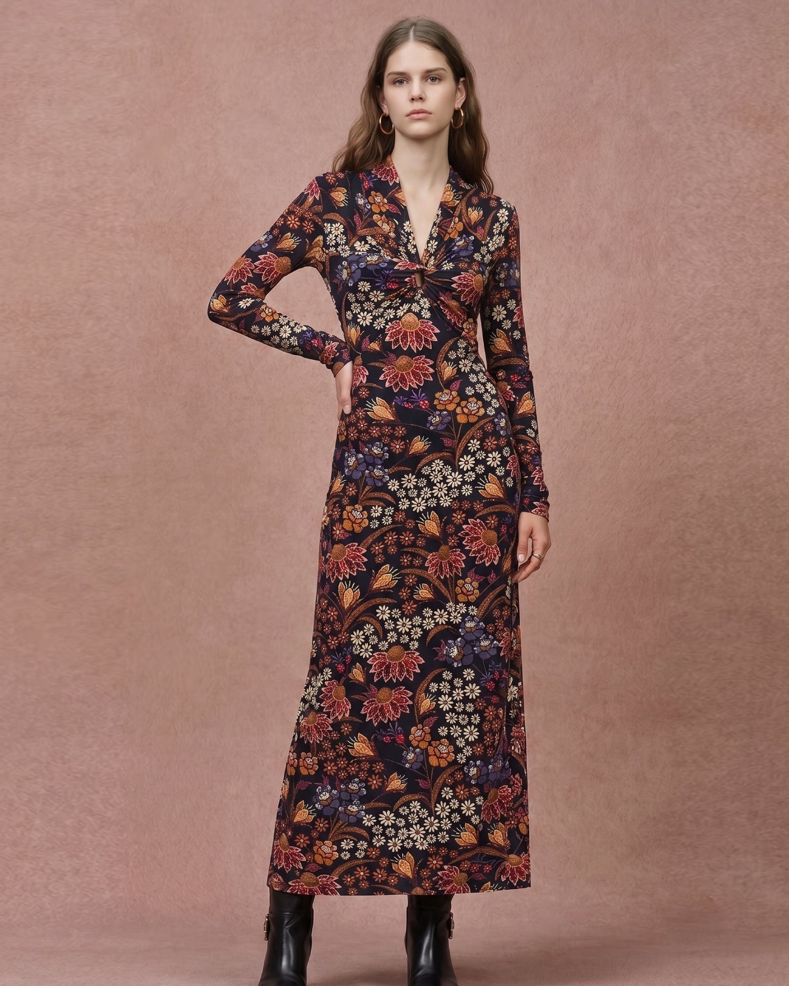 Wool Lyocell Floral Print V-Neck Maxi Dress