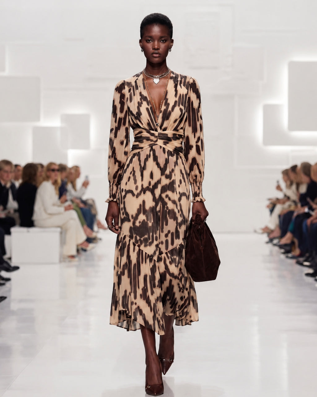 Lyocell Animal Print V-Neck Midi Dress