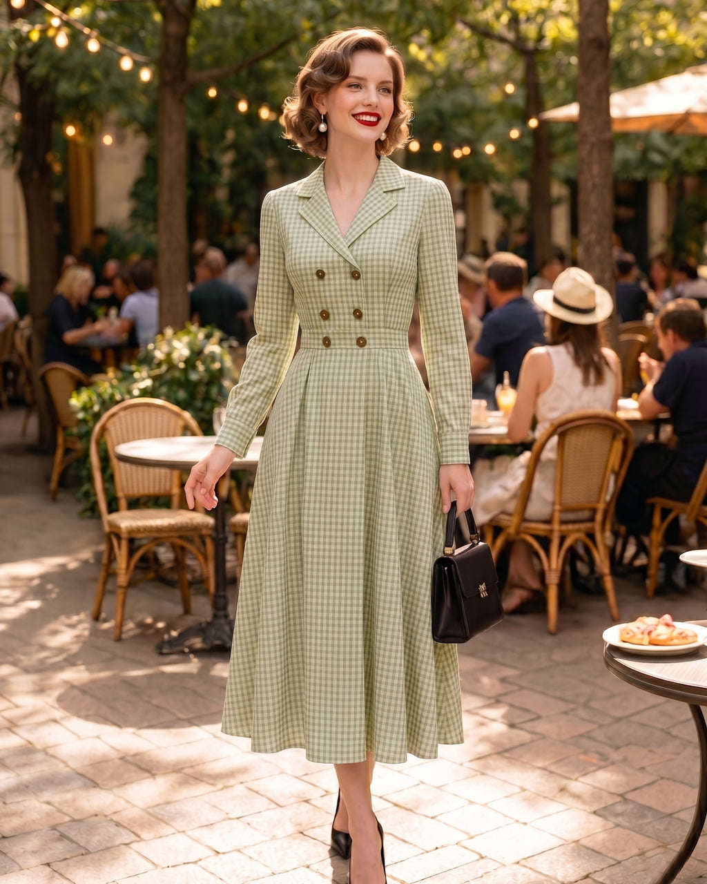 Plaid Print Blazer Collar Vintage Midi Dress