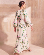 Lyocell Linen Floral Print Lantern Sleeve Maxi Dress