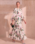 Lyocell Linen Floral Print Lantern Sleeve Maxi Dress