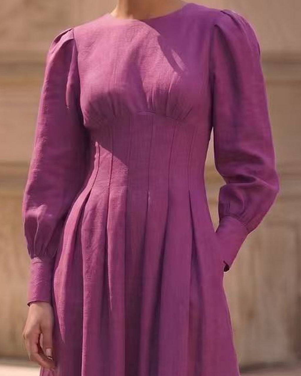 Cotton Linen Long Sleeve A-Line Midi Dress