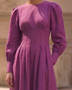 Cotton Linen Long Sleeve A-Line Midi Dress