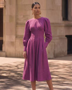 Cotton Linen Long Sleeve A-Line Midi Dress