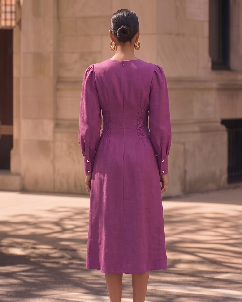 Cotton Linen Long Sleeve A-Line Midi Dress