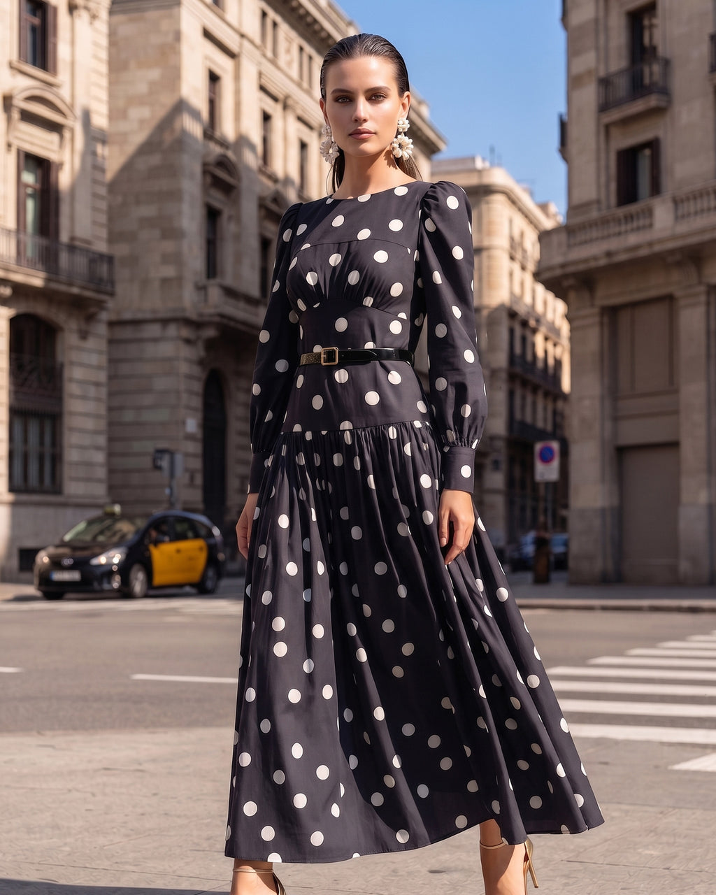 Cotton Linen Polka Dot Print Vintage Midi Dress