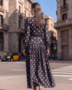 Cotton Linen Polka Dot Print Vintage Midi Dress