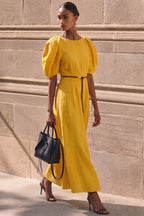 Cotton Linen Puff Sleeve Romantic Maxi Dress
