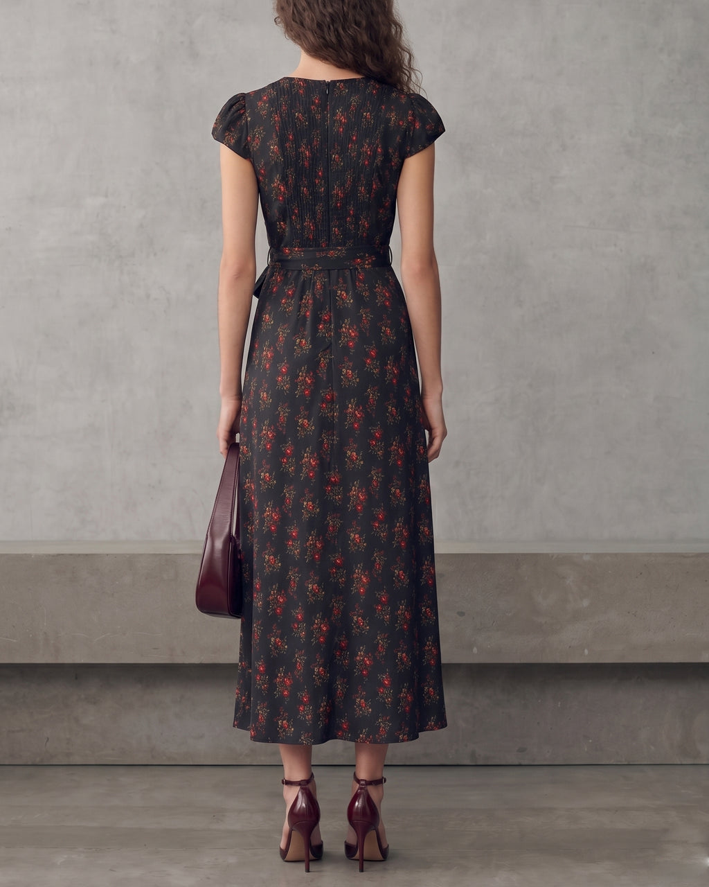 Floral Print V-Neck French Midi Dress