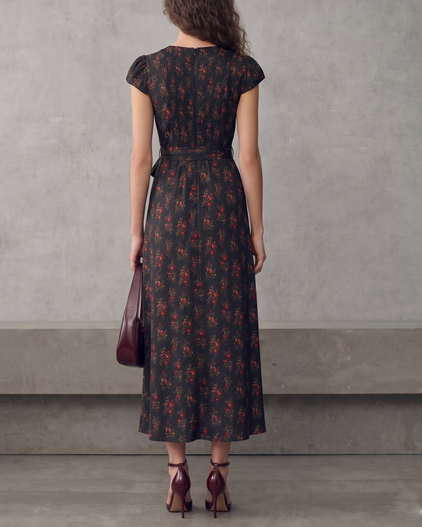 Floral Print V-Neck French Midi Dress